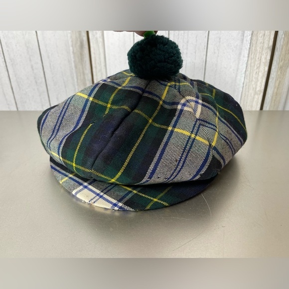 Scotland Wool Beret Tam Pom Pom Hat Plaid Blue Green - Picture 1 of 5